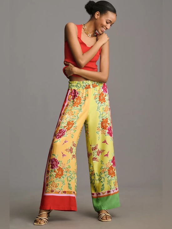 By Anthropologie Pants - By Anthropology Colorful Floral Striped Pull-On Elastic Waist Wide Leg Pants